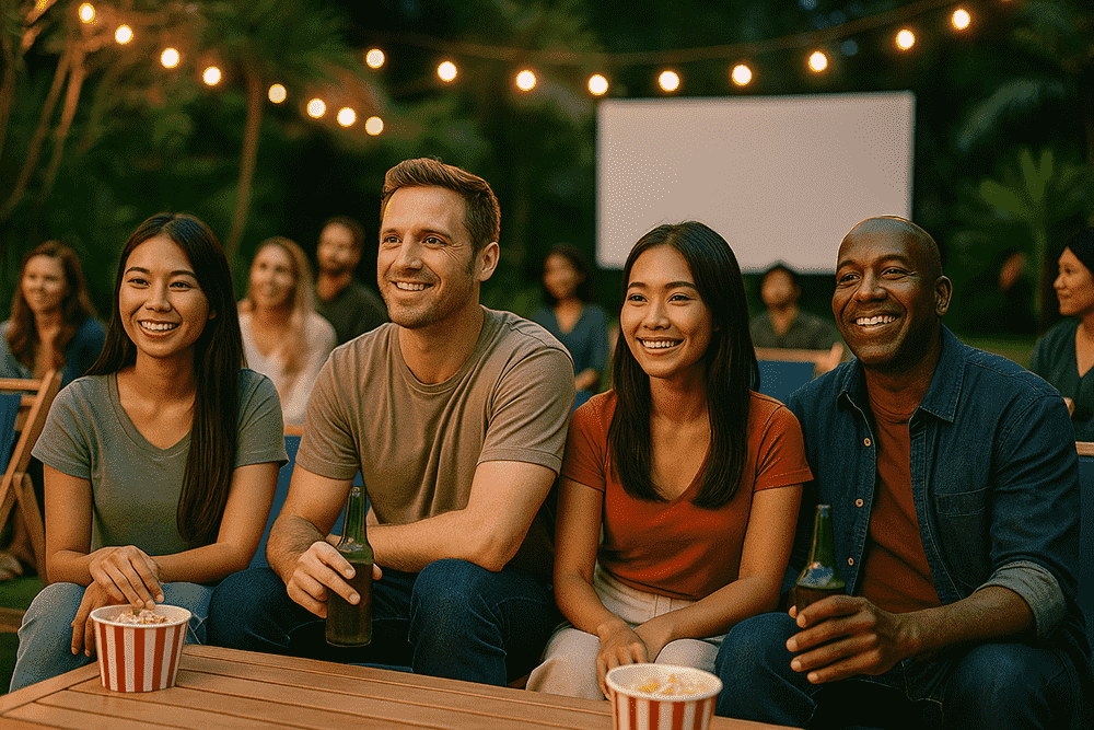 A group of people attending an outdoor cinema in thailand.
