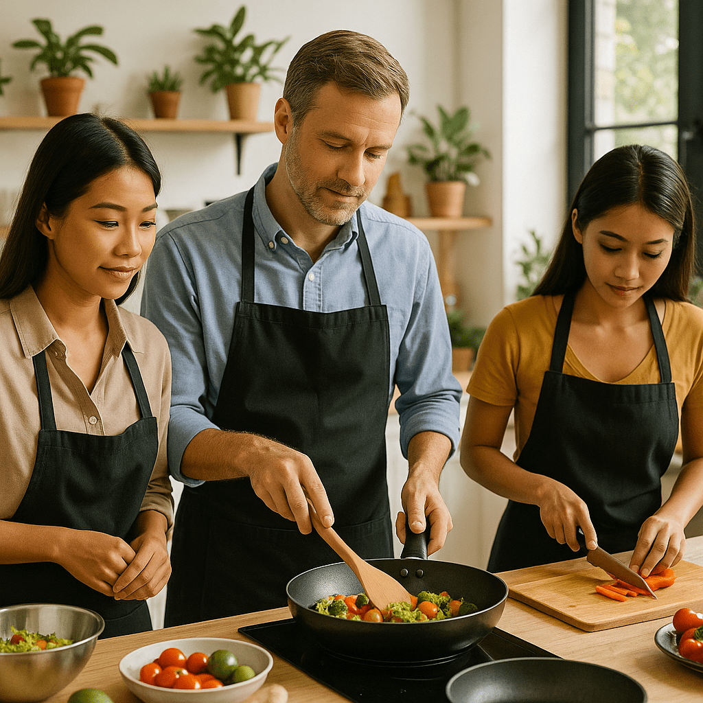 Three people participating in a thai cooking class.