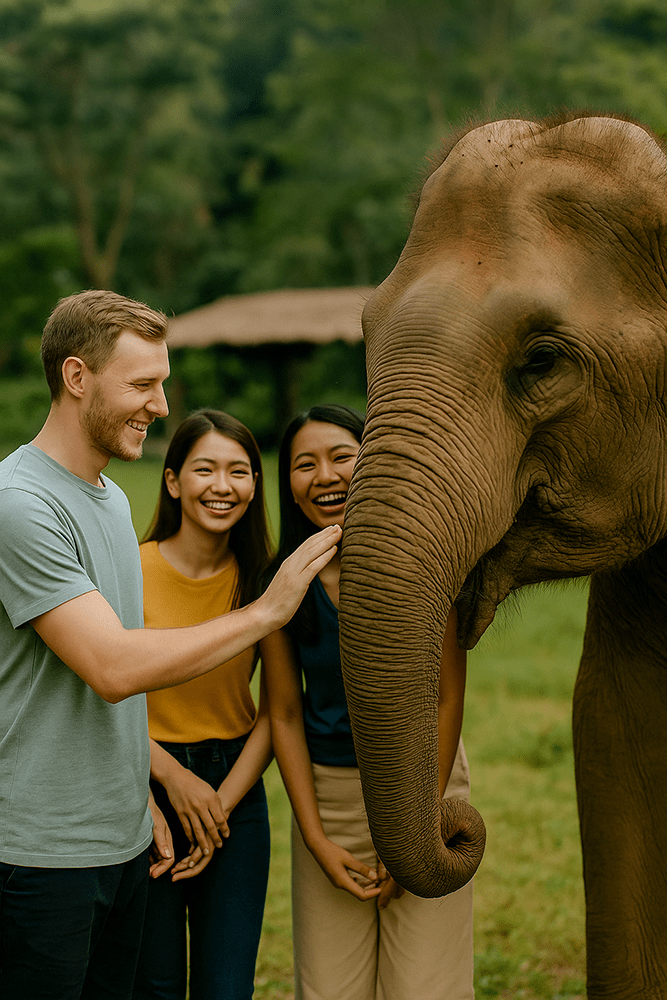 Three people stood in front of an elephant. One person has a hand on the elephants trunk.