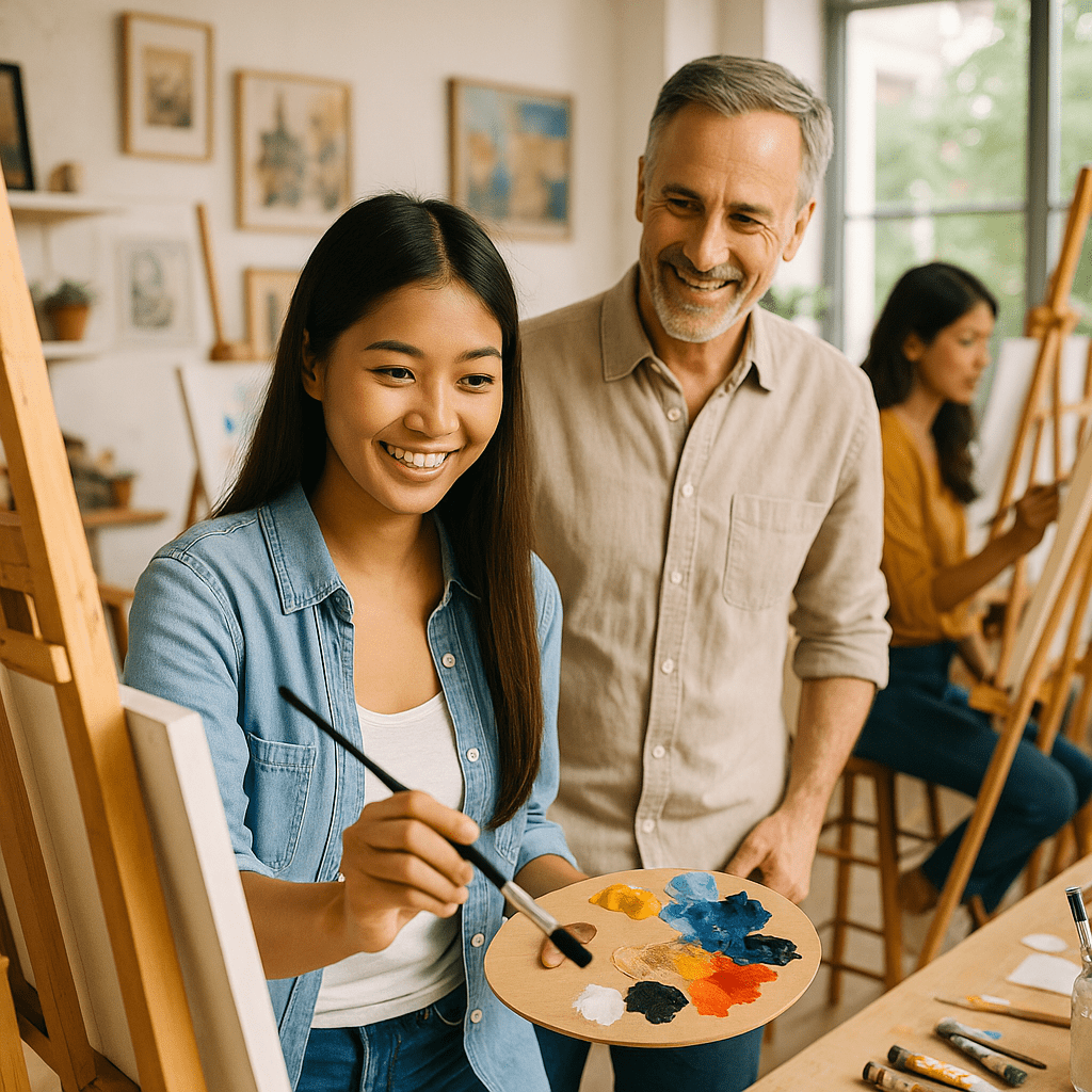 A male and female socialising in a painting class.
