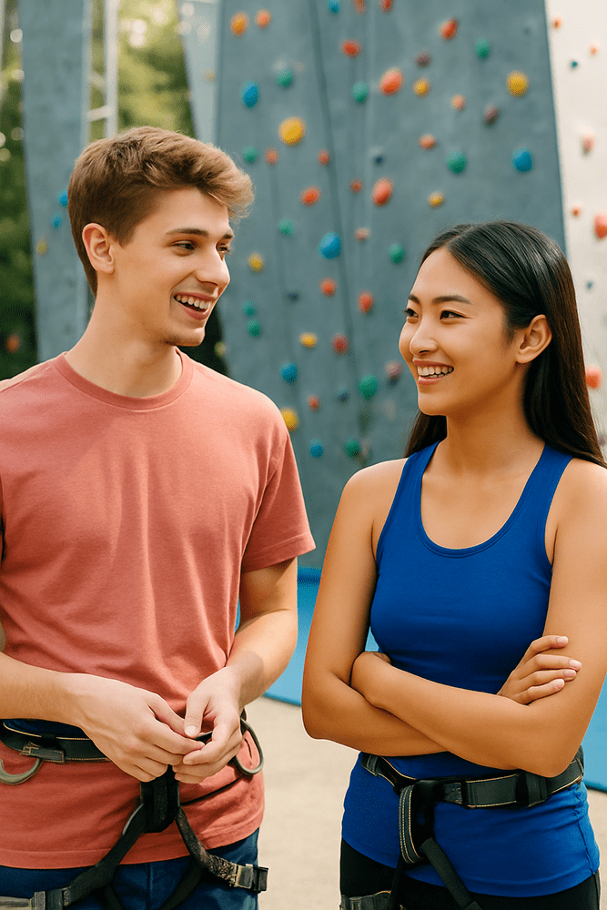 A male and female socialising in a climbing wall facility.