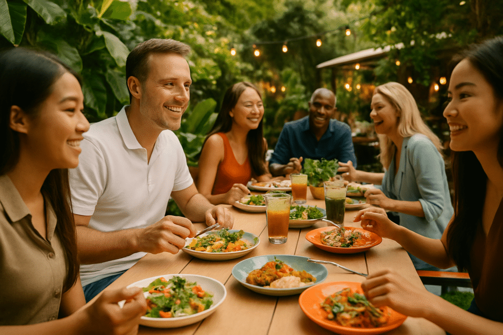 People sat around a table socialising and eating at a restaurant.
