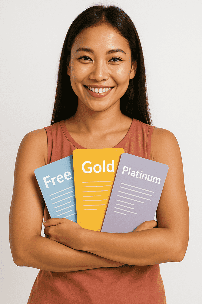 Thai woman holing three membership cards.