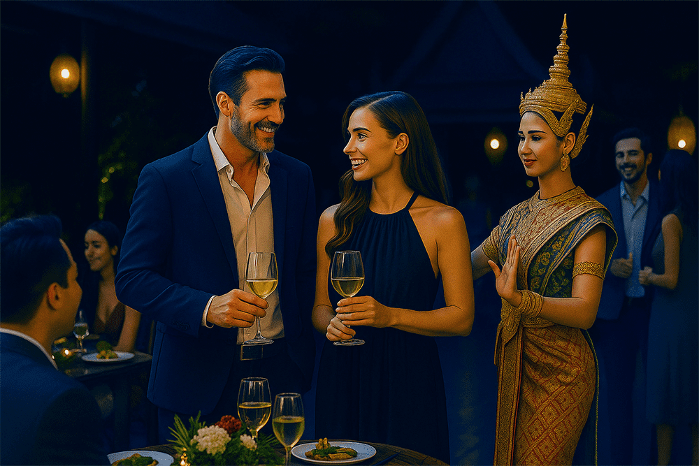 Two people in a fancy thai part at night