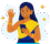 cartoon illustration of a thai woman holding a phone and waving hello