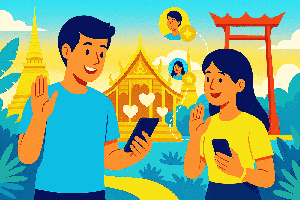 a cartoon of two thai people on their phones and waving at eachother